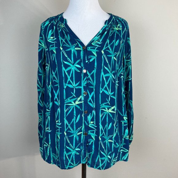 Lilly Pulitzer Top XS Blue Button Up V-Neck Long Sleeve Tropical Elsa - Picture 1 of 14